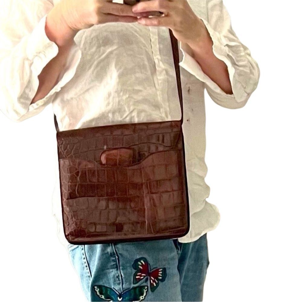 Alligator Italy Brown Leather Joan & David Lining Crocodile Crossbody Bag VTG
